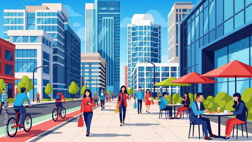 Vibrant city street scene with people walking cycling and sitting at outdoor cafes on a sunny day with modern buildings with urban with town