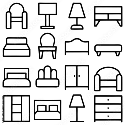 Bedroom furniture icons isolated on transparent background