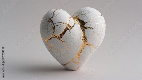 Kintsugi White Ceramic Heart with Gold Cracks | Wabi-Sabi Healing & Resilience Concept | Premium Minimalist Art Background