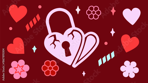 Heart shaped broken padlock with flowers and hearts around
