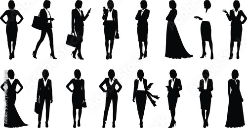 Business women silhouettes collection, professional female fashion poses, corporate lifestyle, elegant working ladies, leadership, office style, success concept