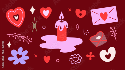 Valentine's Day symbols and heart decorations around lit candle