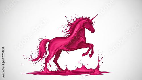 A vibrant pink liquid unicorn prancing with splashes on a white background with fantasy and art and design and graphic with illustration