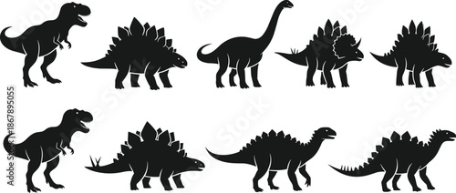 Black dinosaur silhouettes set, prehistoric reptiles collection, stegosaurus, tyrannosaurus, triceratops, sauropod icons isolated on white background for design illustration branding