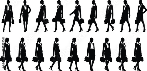 Businesswoman silhouettes walking sequence, professional female figures with briefcase, corporate fashion concept, leadership, career, urban lifestyle illustration