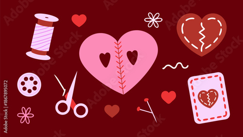 Valentine's Day sewing heart symbols with love and repair