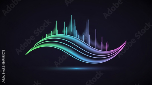Vibrant multicolored waveform with rising bars on dark background for tech and data visualization concepts with digital and modern with neon
