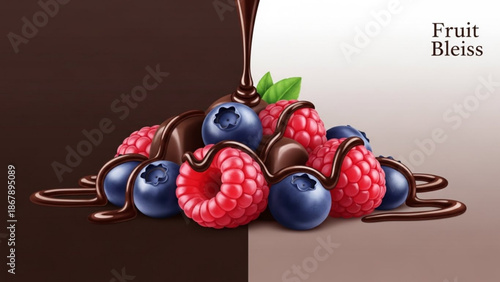 Fresh raspberries and blueberries with chocolate sauce being poured over them in a colorful still life arrangement with green leaves