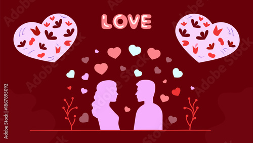 Couple in love with hearts on romantic Valentine's Day background