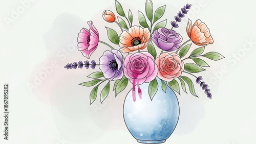 Colorful bouquet of roses poppies and lavender in a light blue vase on white background with green leaves and delicate petals with flowers