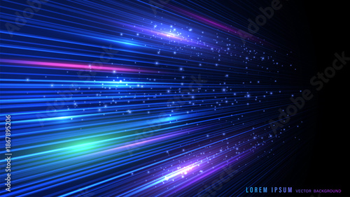 Abstract neon blue speed light lines vector background with glowing particles