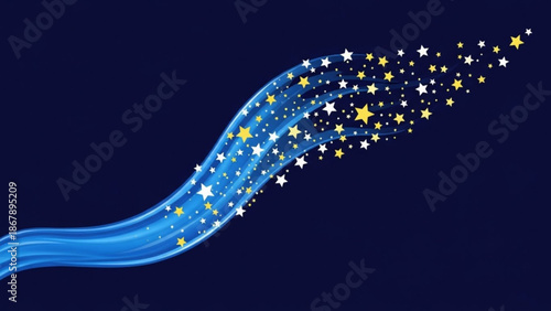 A sparkling blue wave of stars and glittering lights trails across a dark blue background creating a magical and dreamy atmosphere with sky