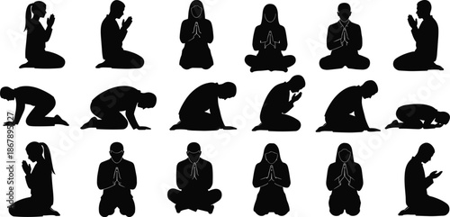 Muslim prayer silhouettes, Islamic worship positions, people praying salah, spiritual devotion, religious faith, namaz postures, black silhouette illustration