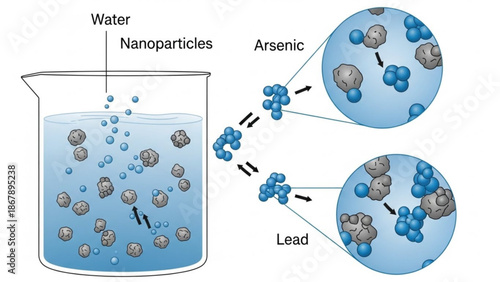 Illustration of nanoparticles removing arsenic and lead from water through nanotechnology with water purification and arsenic removal
