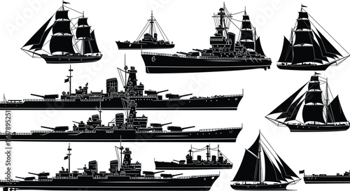 Naval ships and sailing vessels silhouettes, historical warships, modern battleships, maritime fleet collection, nautical transportation illustration, ocean military ships