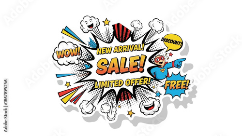 Vibrant Comic Pop Art Style Sale Advertisement Banner with Superhero Character and Special Discount Offer
