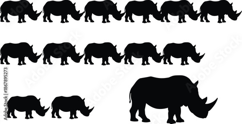 Rhinoceros silhouette set, black rhino icons, wildlife animal shapes, rhino collection, vector illustration, isolated design, conservation theme