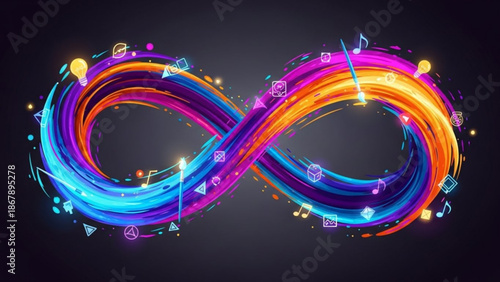 Vibrant colorful infinity symbol with swirling lines and music notes on dark background representing creativity and inspiration with design