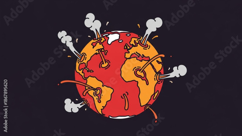A vibrant cartoon illustration of a globe with cigarette butts and smoke on a black background representing environmental damage with earth