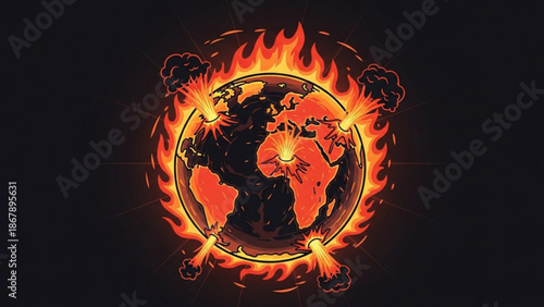 A highly detailed illustration of a globe engulfed in flames with smoke and sparks on a black background symbolizing global warming with hot