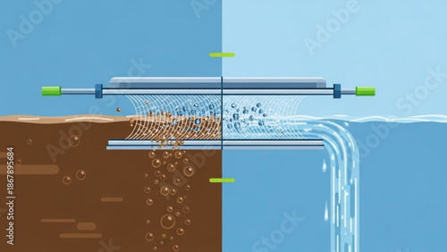 An illustration depicting a cross sectional view of an underwater aeration system with tubes and green connectors releasing air with bubbles