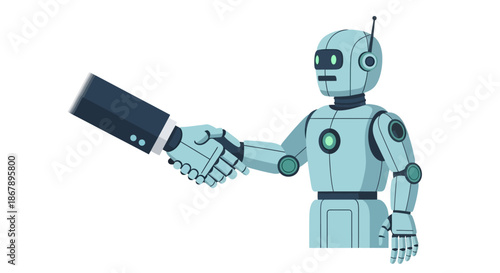 A light blue robot shaking hands with a human in a business suit