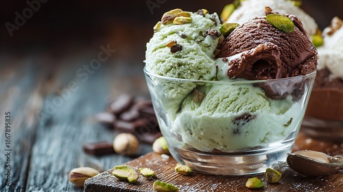 Glass bowl overflows with scoops of rich chocolate and vibrant pistachio ice cream topped with nuts.