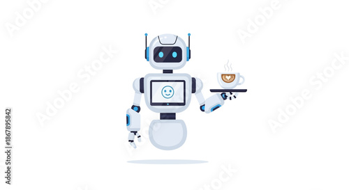 A robot with a friendly face holding a coffee cup