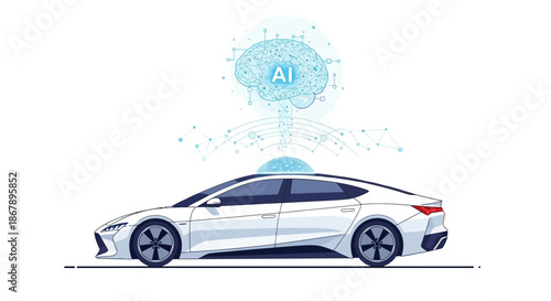 A white car is visualized with an AI brain graphic and a radiating dome on its roof