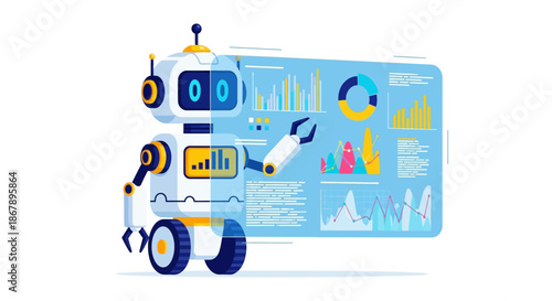 A white robot with yellow accents pointing to graphs and data displayed on a translucent blue screen
