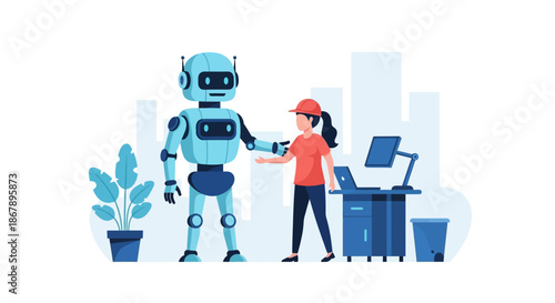 A robot and a woman stand in an office with a desk potted plant and bin