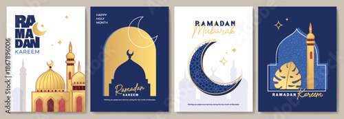 Islamic festival poster background design with mosque, flower, arabic calligraphy, crescent moon and lantern. Suitable for Ramadan Kareem , Hari Raya, Eid Mubarak, Eid al Adha.
