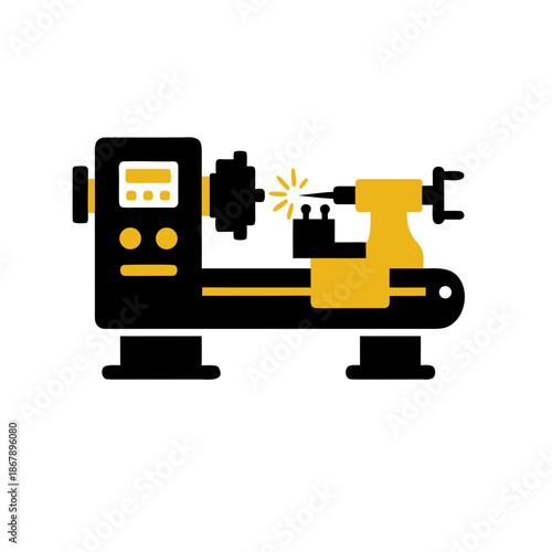 Industrial Lathe Machine Vector Icon with Sparks Flying Precision Metalworking and Turning Process, Engineering, and Manufacturing Equipment Graphic