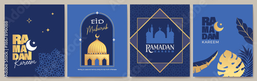 Islamic festival poster background design with mosque, flower, arabic calligraphy, crescent moon and lantern. Suitable for Ramadan Kareem , Hari Raya, Eid Mubarak, Eid al Adha.