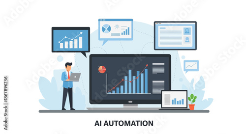 Illustration of a man using AI automation surrounded by data visualizations and devices