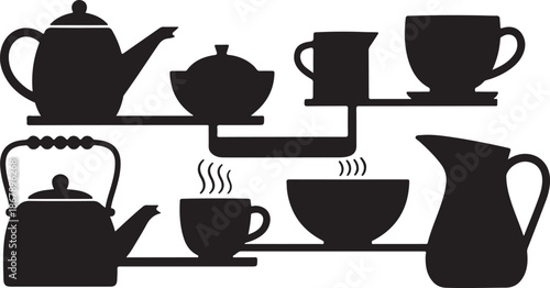 Black Silhouettes of Tea Sets and Cups on Shelves