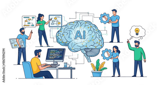 People collaborate on an AI project coding planning and assembling ideas