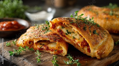 Golden baked calzone halves showing melted cheese and savory filling are served with dipping sauce on wood.