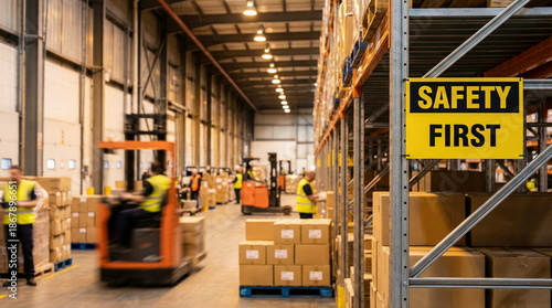 Busy warehouse with forklifts, workers, and stacked boxes, featuring a clear 