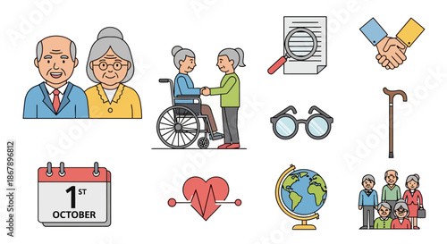 Elderly Care and Support Icons Representing Health, Assistance, and Retirement Lifestyle