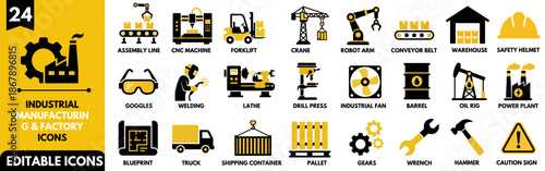 Set of 24 Industrial Manufacturing and Factory Icons. Vector Symbols for Automation, Production Line, Robotics, and Warehouse Logistics.