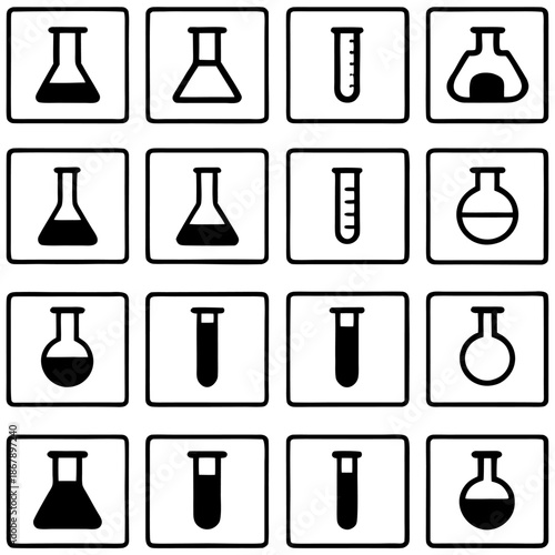 Chemical lab equipment icons isolated on transparent background