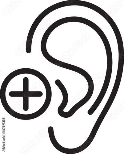 Hearing Care Ear Line Art Icon with Plus Symbol. Audiology Medical Health Outline Vector