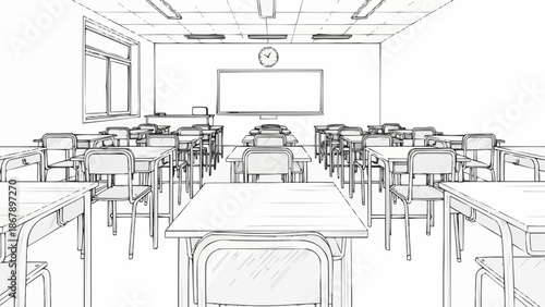 Empty classroom with desks and chairs arranged neatly.