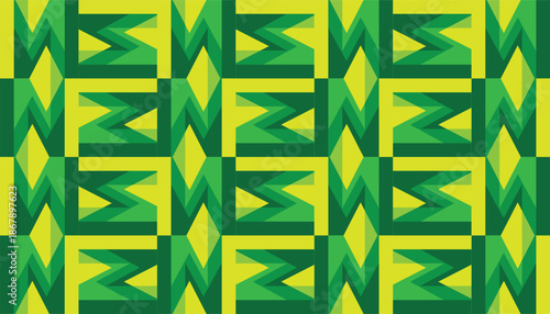 Abstract seamless pattern featuring bold geometric forms and sharp angles in vibrant green color palette. Ideal for fabric prints, packaging, branding, and digital backgrounds