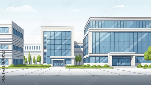 Modern Office Buildings with Glass Facades and Landscaping.