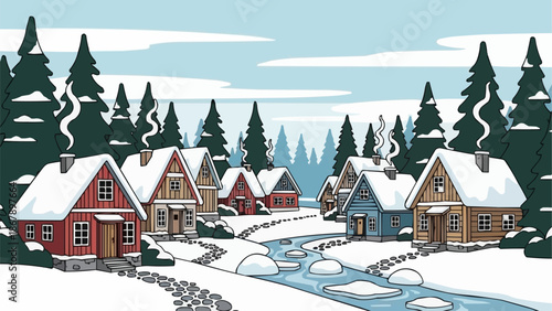 Charming Winter Village Scene with Snow Covered Houses and Frozen River.