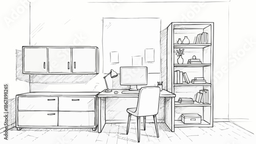 Hand drawn sketch of a modern home office desk setup.