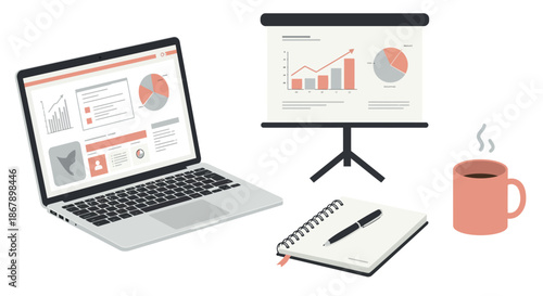 Laptop with graphs and office supplies nearby.