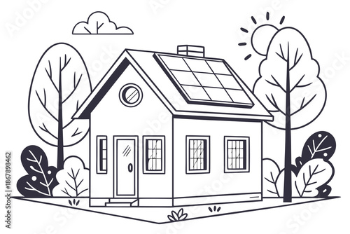 A vibrant cartoon illustration of a cozy summer cottage house with colorful flowers and architectural window designs set against a clear blue sky nature landscape